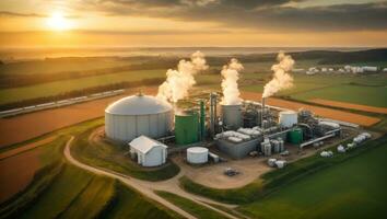 modern biogas fabriek tussen meerdere velden in landelijk regio met zonsondergang achtergrond, bio-energie fabriek gebruik maken van biologisch afval, generatief ai foto