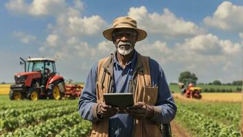 illustratie beeldt af een ouderling zwart boer staand vol vertrouwen in de landbouwgrond, tablet in hand, overbrugging generaties door omarmen modern technologie naast traditioneel landbouw apparatuur. foto