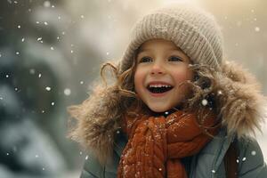 een klein kind verpakt in een groot sjaal, hoed en wanten glimlacht enthousiast Bij de eerste sneeuw en de begin van winter. ai gegenereerd. foto