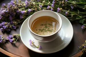 een wit keramisch kop van tijm thee Aan een schotel omringd door takjes van Purper lavendel. een symbool van comfort, ontspanning en waardering van de gemakkelijk vreugden van natuur. ai gegenereerd. foto