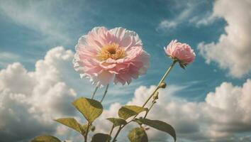 mooi kleurrijk bloemen met blauw lucht en wolken achtergrond, idyllisch weide. ai generatief foto