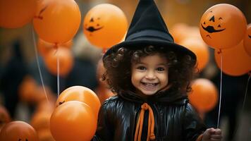 weinig meisje hebben pret Aan halloween truc of traktatie. ai genereren foto