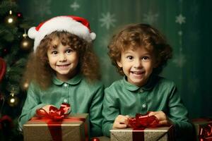 grappig kinderen met geschenk dozen Bij kerstmis. genereren ai foto