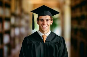 gelukkig volwassen leerling in diploma uitreiking kleding met diploma. genereren ai foto