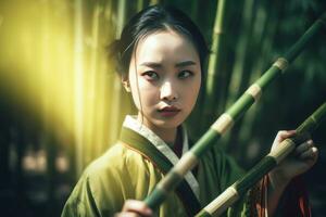 Chinese meisje met traditioneel bamboe stok. genereren ai foto