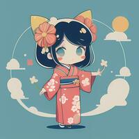 schattig kawaii chibi anime meisje sticker schattig Japans yukata kimono gemakkelijk kleurrijk achtergrond foto