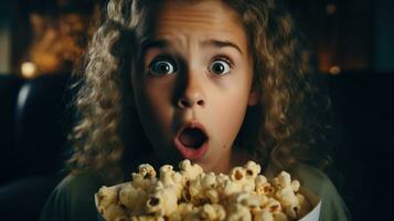 de bang gezicht van een meisje aan het kijken een verschrikking film. Holding popcorn foto