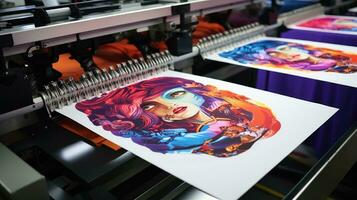 t-shirt het drukken machine. innovatie overhemd en textiel printer. productie foto