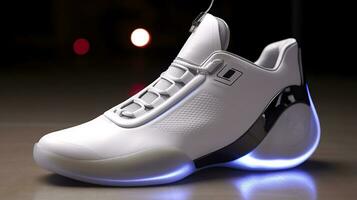 futuristische mode origineel sportschoenen. toekomst ontwerp van elegant sport- schoenen met neon gloed, futuristische stedelijk esthetiek. sportkleding, stijl en mode, morgen schoenen. ai generatief foto