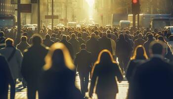 menigte van mensen wandelen bezig stad straat verlicht. generatief ai foto