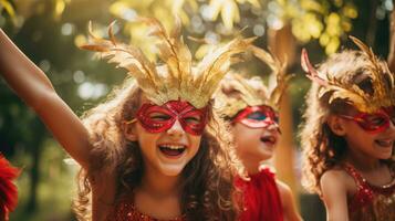 gelukkig kinderen Bij een Kerstmis maskerade partij ai generatief foto