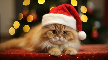schattig kat in de kerstman claus hoed tegen wazig Kerstmis lichten ai generatief foto