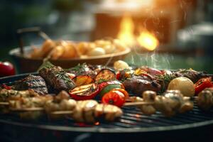 bbq voedsel partij zomer grillen vlees in de middag van weekend gelukkig feest. ai generatief foto