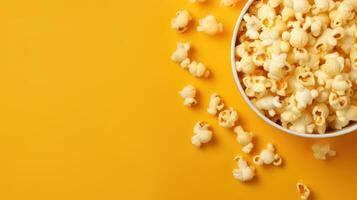 popcorn bekeken van bovenstaand Aan geel achtergrond. ai generatief vlak leggen van knal maïs boog foto