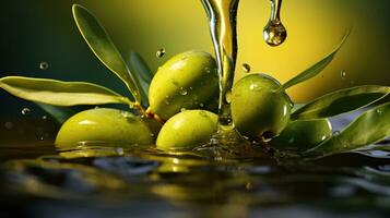 extra maagd olijf- olie. groen olijven in olijf- olie Aan een donker achtergrond. ai generatief foto