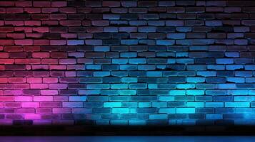 neon lichten Aan oud grunge steen muur kamer achtergrond. ai generatief foto