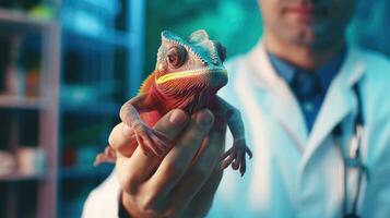 veterinair kliniek voor exotisch dieren. kameleon in de handen van een dierenarts. ai generatief foto