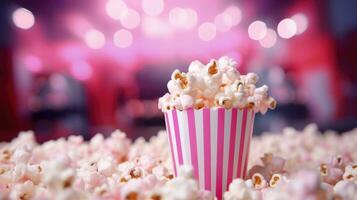 popcorn in een emmer Aan een roze wazig achtergrond in bioscoop hal ai generatief foto