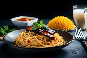 spaghetti met vlees en saus Aan een bord. ai-gegenereerd foto