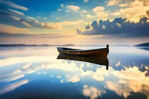 een boot is drijvend Aan een kalmte meer Bij zonsondergang. ai-gegenereerd foto