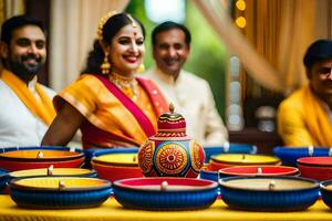 een paar in traditioneel Indisch kleding is omringd door kleurrijk borden. ai-gegenereerd foto