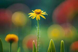 een geel bloem staat uit in de midden- van een veld. ai-gegenereerd foto