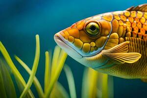 een vis met een geel en bruin lichaam is zwemmen in de gras. ai-gegenereerd foto