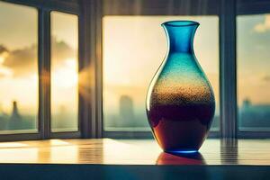 een vaas zittend Aan een tafel in voorkant van een venster. ai-gegenereerd foto