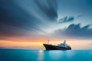 een boot in de oceaan Bij zonsondergang. ai-gegenereerd foto