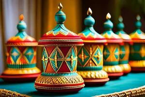 kleurrijk decoratief potten Aan een tafel. ai-gegenereerd foto