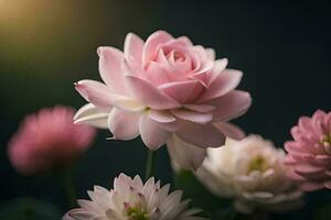 roze bloemen zijn in een vaas met een donker achtergrond. ai-gegenereerd foto