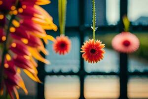 oranje bloemen hangende van een draad in voorkant van een venster. ai-gegenereerd foto