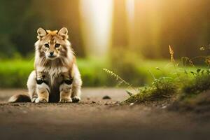 een klein bruin kat zittend Aan de grond. ai-gegenereerd foto