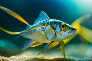 een vis met geel en blauw strepen zwemmen in de oceaan. ai-gegenereerd foto