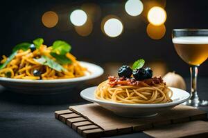 spaghetti en wijn Aan een houten tafel. ai-gegenereerd foto
