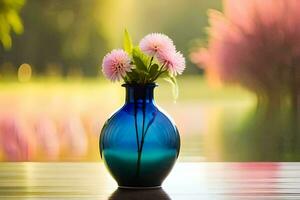een blauw vaas met roze bloemen zittend Aan een tafel. ai-gegenereerd foto