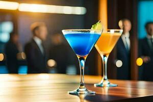 twee cocktails Aan een bar tafel met mensen in de achtergrond. ai-gegenereerd foto