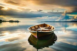 een boot drijvend Aan de water met een bewolkt lucht. ai-gegenereerd foto