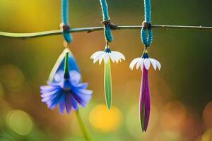 drie kleurrijk bloemen hangen van een draad. ai-gegenereerd foto