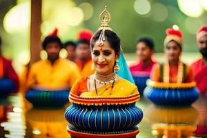 een vrouw in traditioneel Indisch kleding is glimlachen in voorkant van een groep van mensen. ai-gegenereerd foto