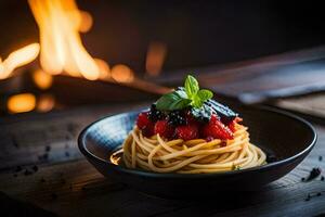 spaghetti met bessen en basilicum Aan een bord in voorkant van een brand. ai-gegenereerd foto