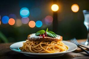 spaghetti met tomaat saus en basilicum Aan een bord. ai-gegenereerd foto