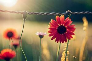 rood bloemen Aan een draad hek in de zon. ai-gegenereerd foto