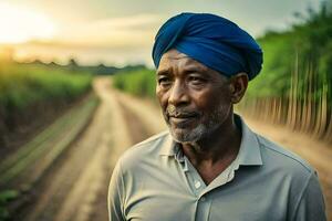 een Afrikaanse Mens vervelend een tulband staat in een veld. ai-gegenereerd foto