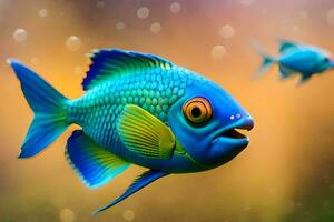 een blauw vis met een oranje staart is zwemmen in de water. ai-gegenereerd foto