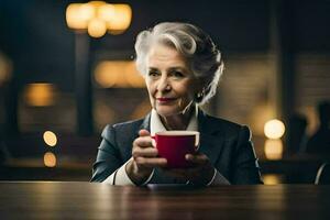 een ouder vrouw in een pak Holding een kop van koffie. ai-gegenereerd foto