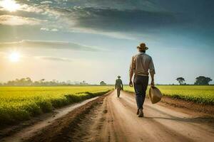 twee mannen wandelen naar beneden een aarde weg in een veld. ai-gegenereerd foto