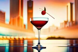 een cocktail met kers Aan top in voorkant van een stad horizon. ai-gegenereerd foto