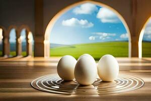 drie eieren Aan een circulaire tafel in voorkant van een boog. ai-gegenereerd foto