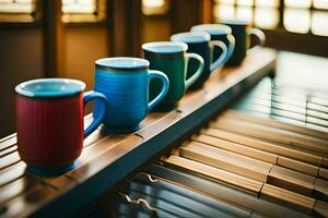 kleurrijk koffie mokken bekleed omhoog Aan een houten tafel. ai-gegenereerd foto